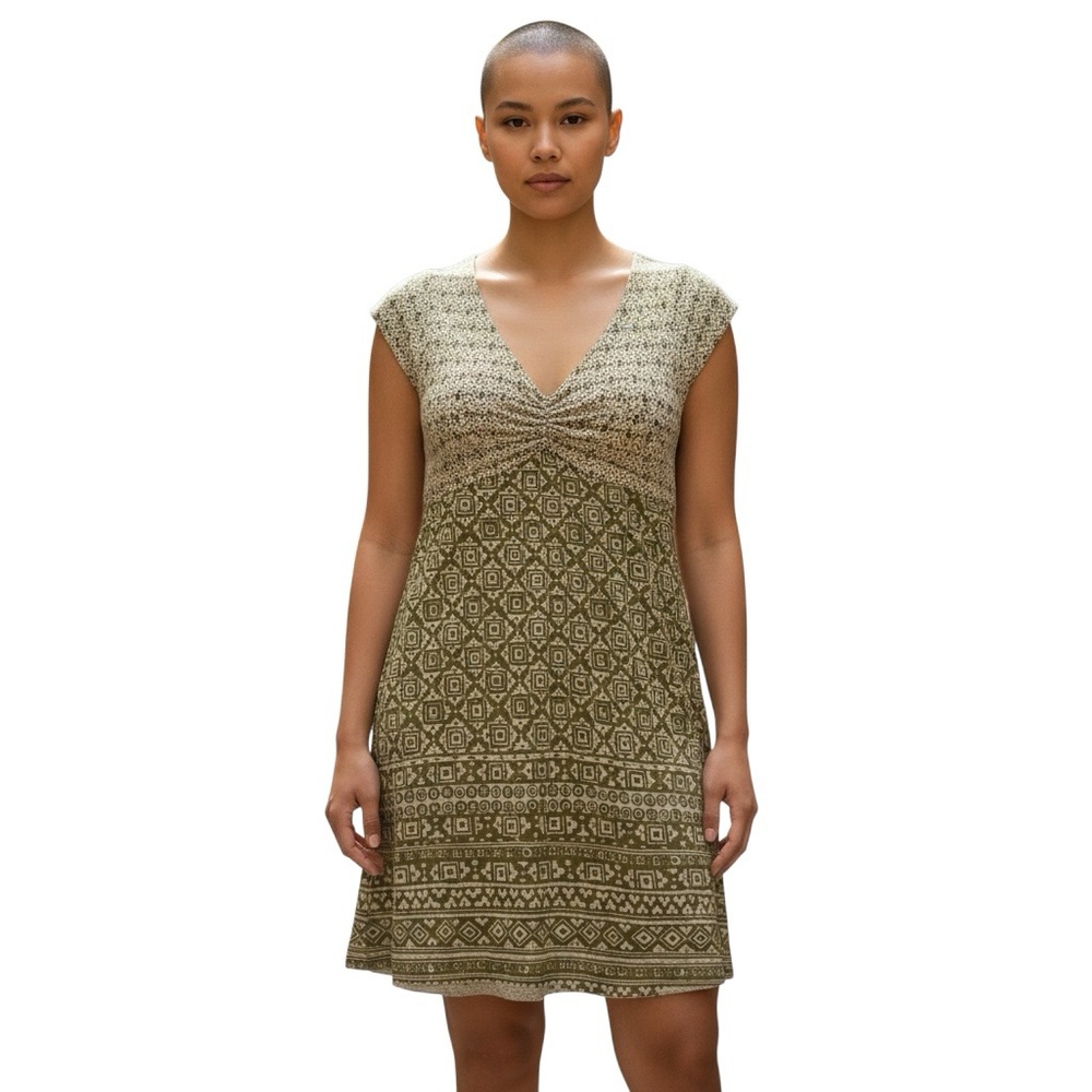 Athleta Dhara Dress Women’s Sz L Tan Brown Ruched A-Line Burnout Bodycon